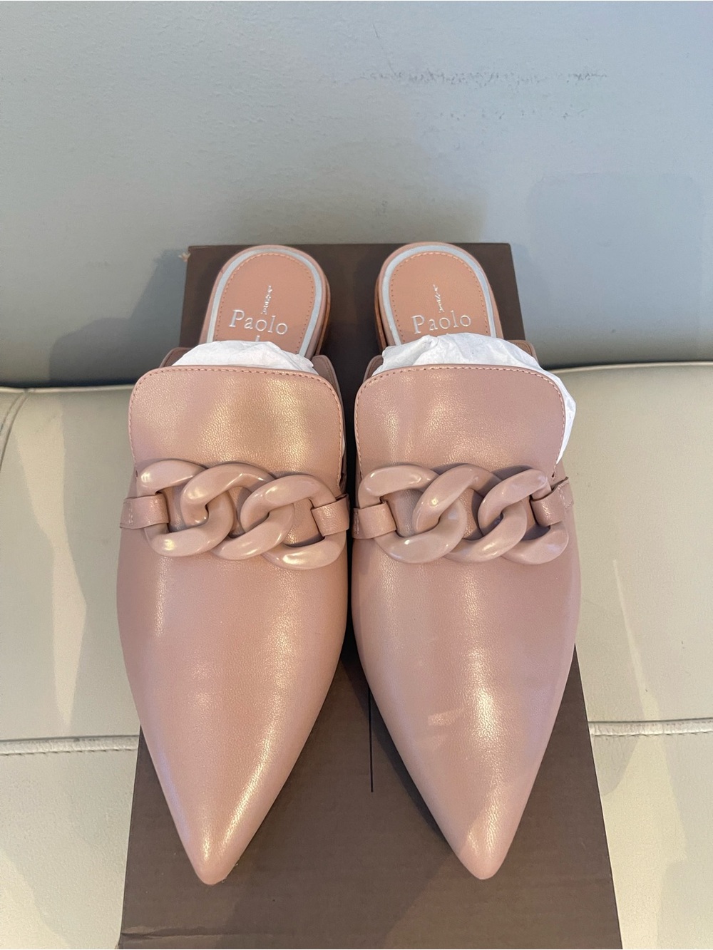 New Women’s Paolo leather mules in nude with chain size 8.5 & 5.5 - Picture 2 of 10